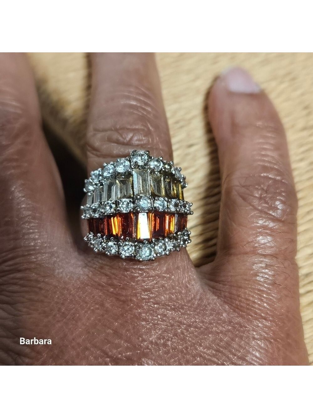 Tri-Color Faux Ruby Diamond Baguette  Statement Dinner Ring, Size 7.25